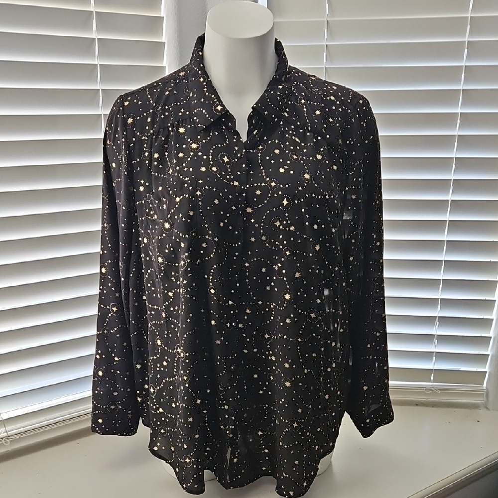 Torrid Sheer Black & Gold Celestial Print Chiffon Button-Down Collared Shirt